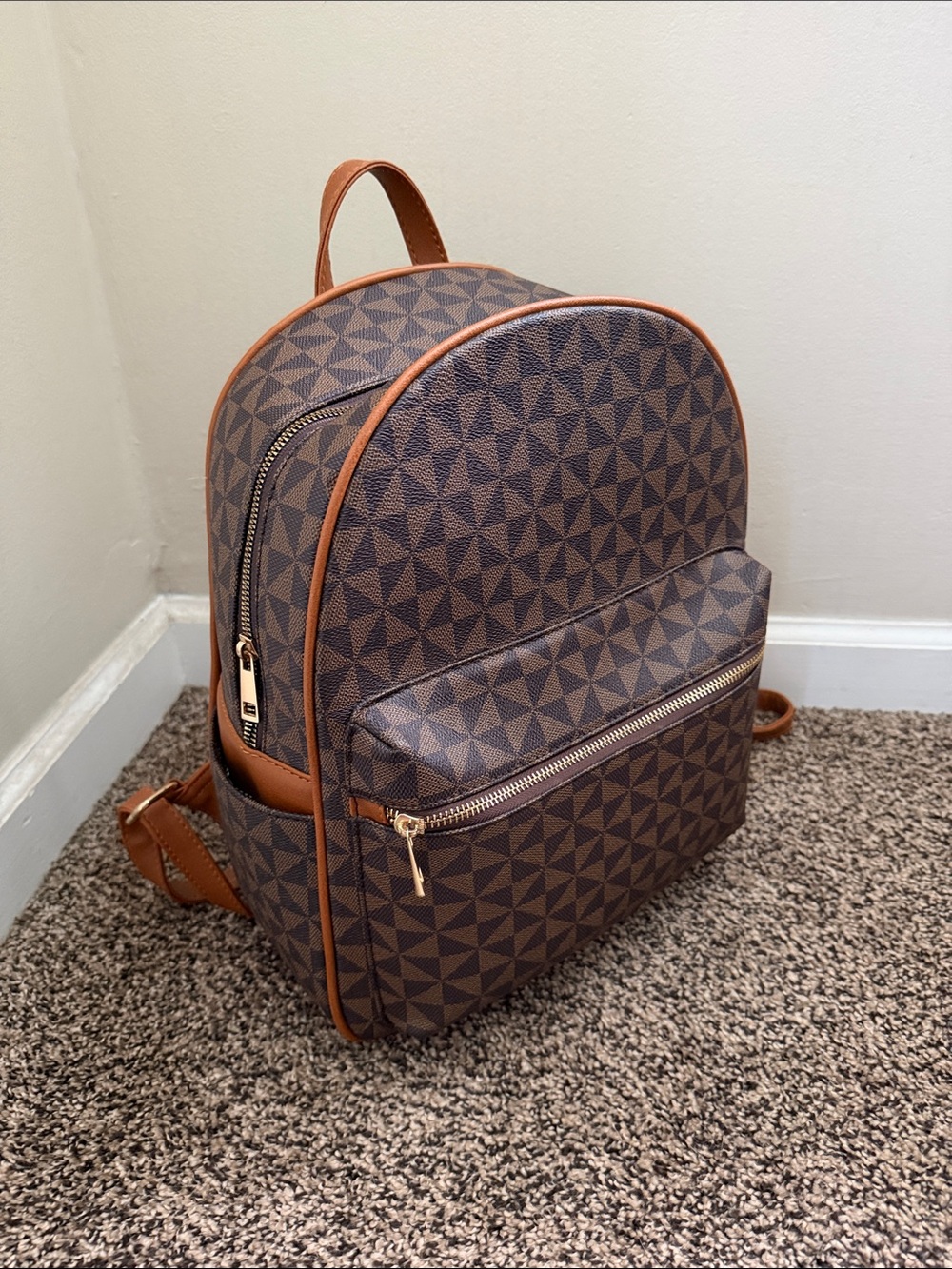 Brown Geometric Print Mini Backpack